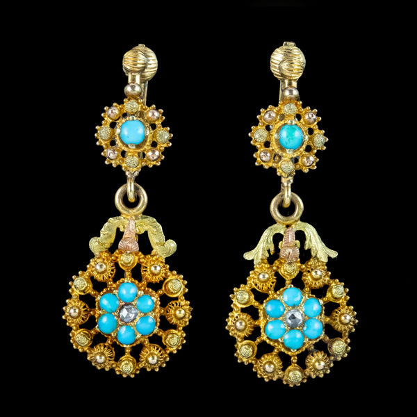 Antique Georgian Turquoise Diamond Forget Me Not Drop Earrings 