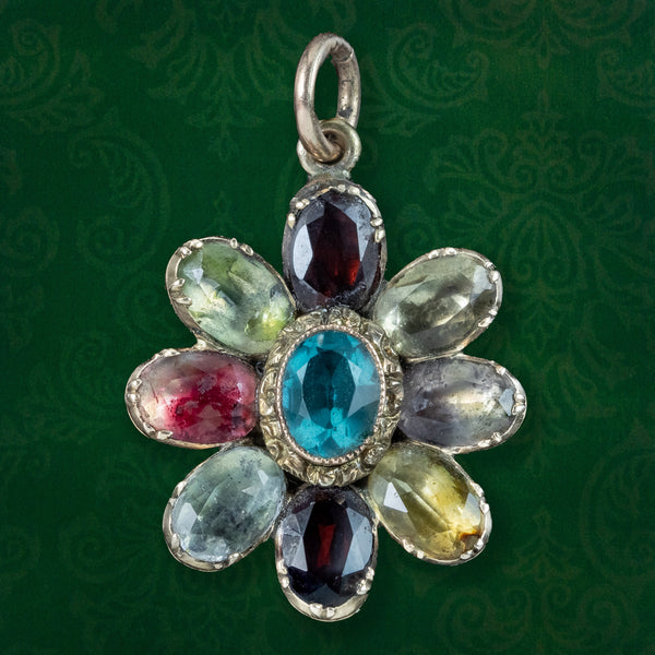 Antique Queen Anne Gemstone Flower Pendant 18ct Gold