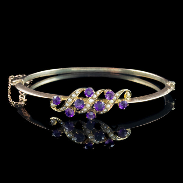 Antique Victorian Amethyst Pearl Bangle 9ct Gold 