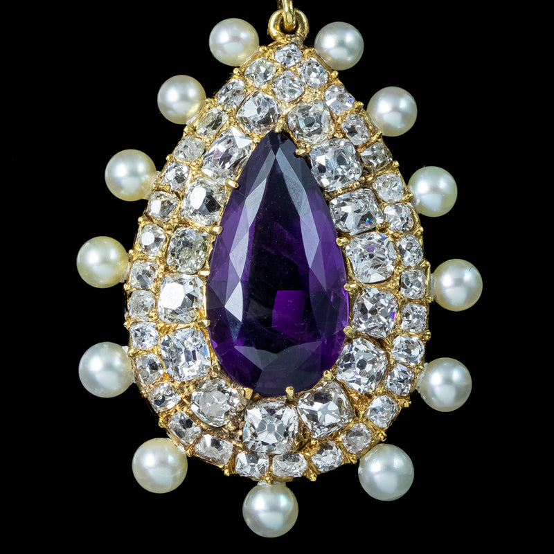 Antique Victorian Amethyst Pearl Diamond Pendant 7ct Amethyst With Box