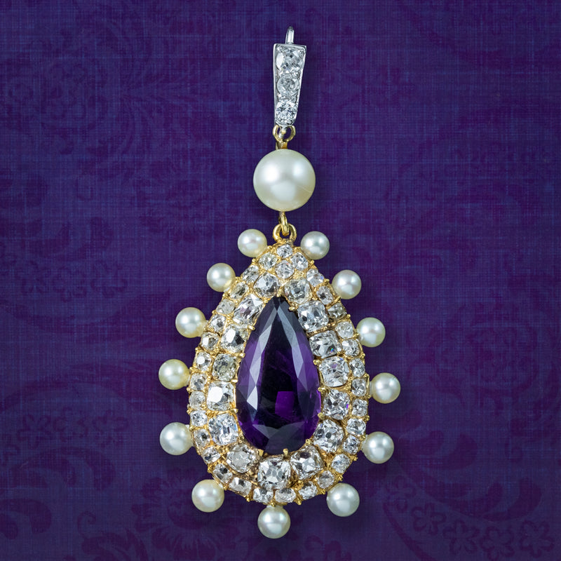 Antique Victorian Amethyst Pearl Diamond Pendant 7ct Amethyst With Box