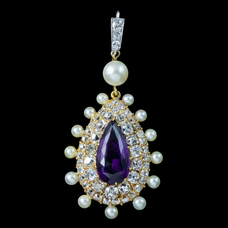 Antique Victorian Amethyst Pearl Diamond Pendant 7ct Amethyst With Box