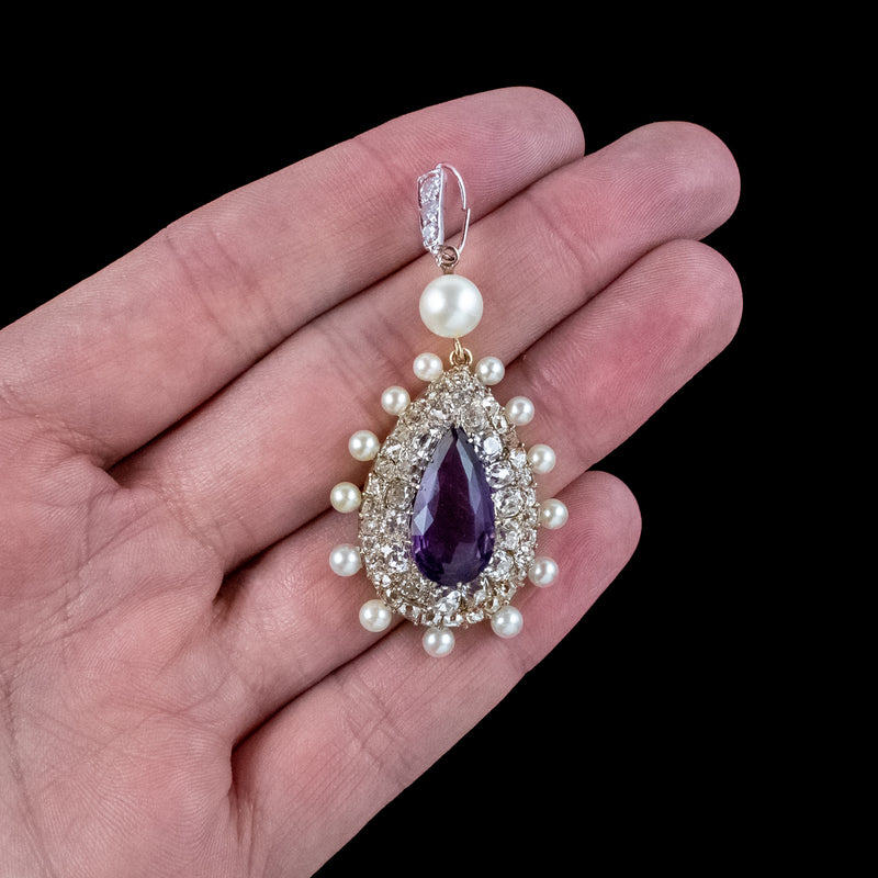 Antique Victorian Amethyst Pearl Diamond Pendant 7ct Amethyst With Box