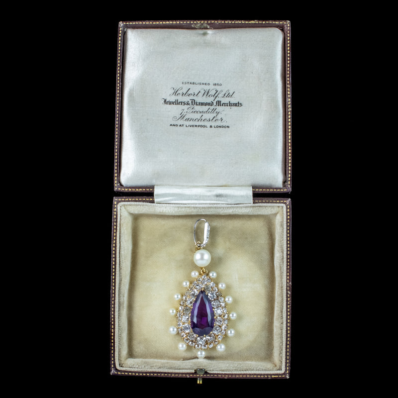 Antique Victorian Amethyst Pearl Diamond Pendant 7ct Amethyst With Box