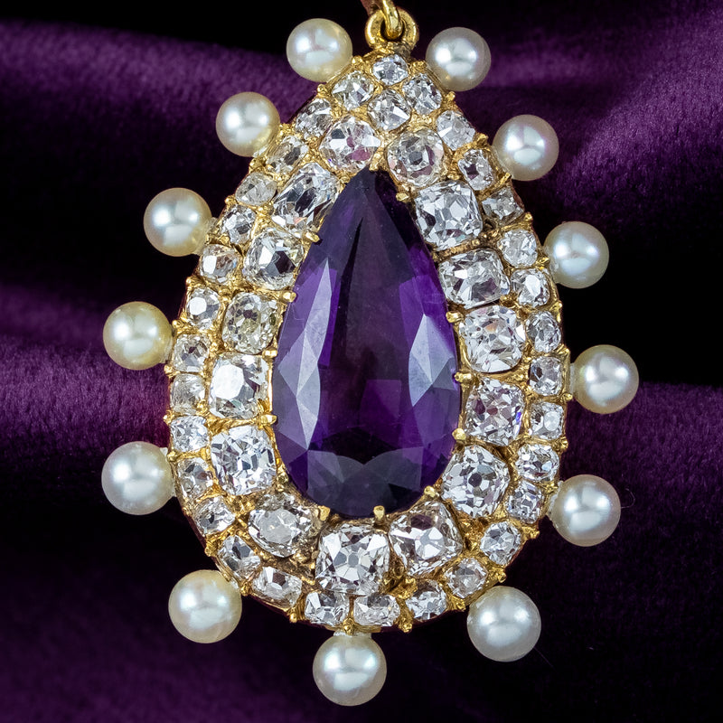 Antique Victorian Amethyst Pearl Diamond Pendant 7ct Amethyst With Box