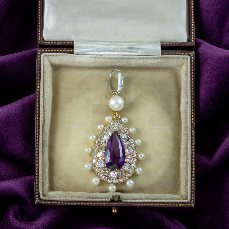 Antique Victorian Amethyst Pearl Diamond Pendant 7ct Amethyst With Box