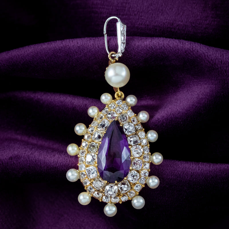 Antique Victorian Amethyst Pearl Diamond Pendant 7ct Amethyst With Box