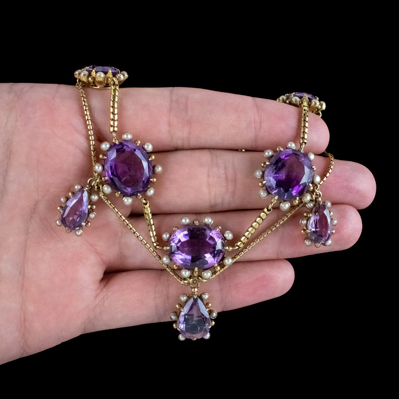 Antique Victorian Amethyst Pearl Festoon Necklace 18ct Gold