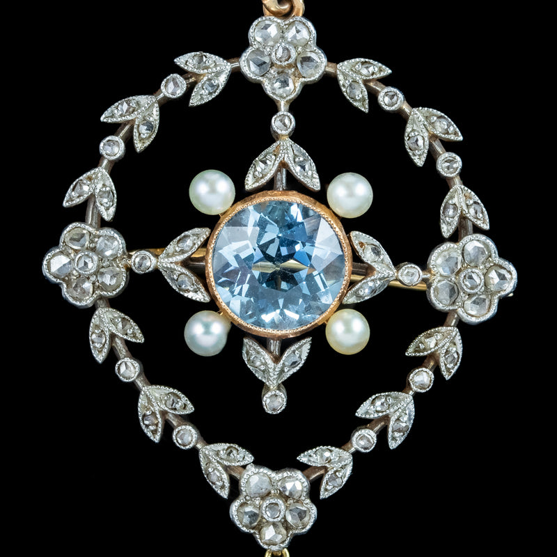 Antique Victorian Floral Aquamarine Diamond Pearl Pendant Brooch