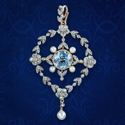 Antique Victorian Floral Aquamarine Diamond Pearl Pendant Brooch