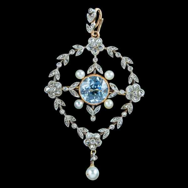 Antique Victorian Floral Aquamarine Diamond Pearl Pendant Brooch