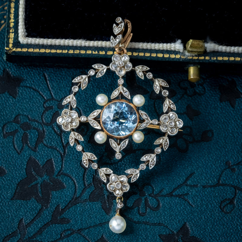 Antique Victorian Floral Aquamarine Diamond Pearl Pendant Brooch