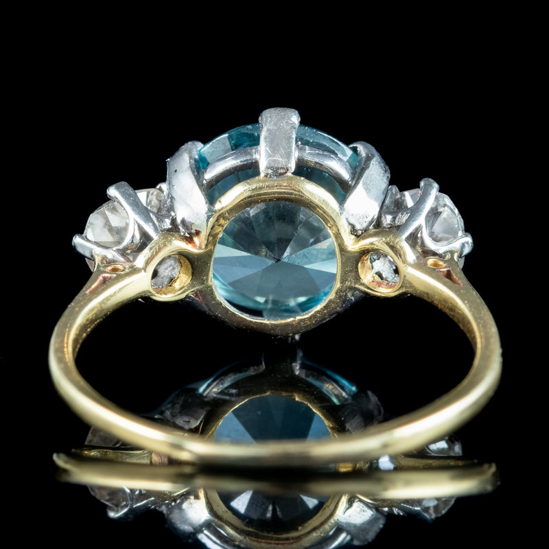 Antique Victorian Blue Zircon Diamond Trilogy Ring 3ct Zircon