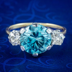 Antique Victorian Blue Zircon Diamond Trilogy Ring 3ct Zircon