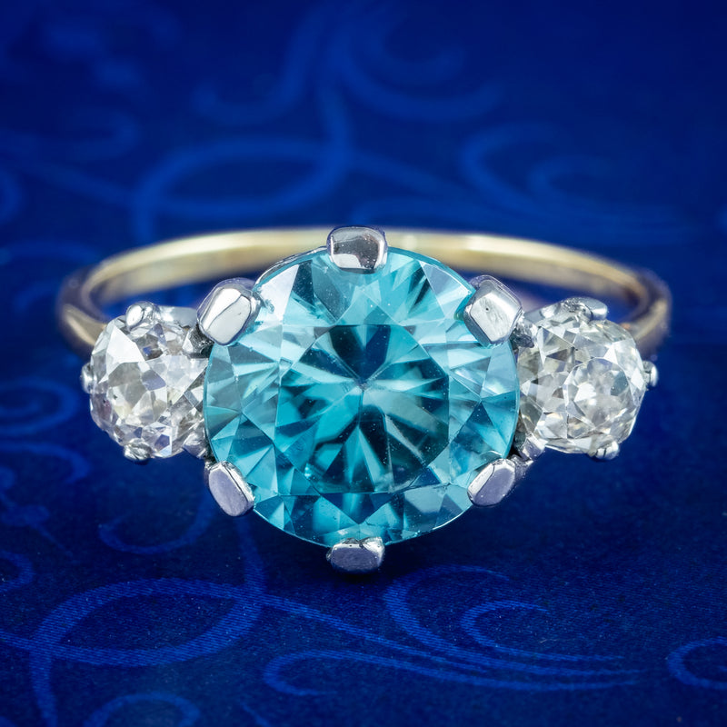 Antique Victorian Blue Zircon Diamond Trilogy Ring 3ct Zircon