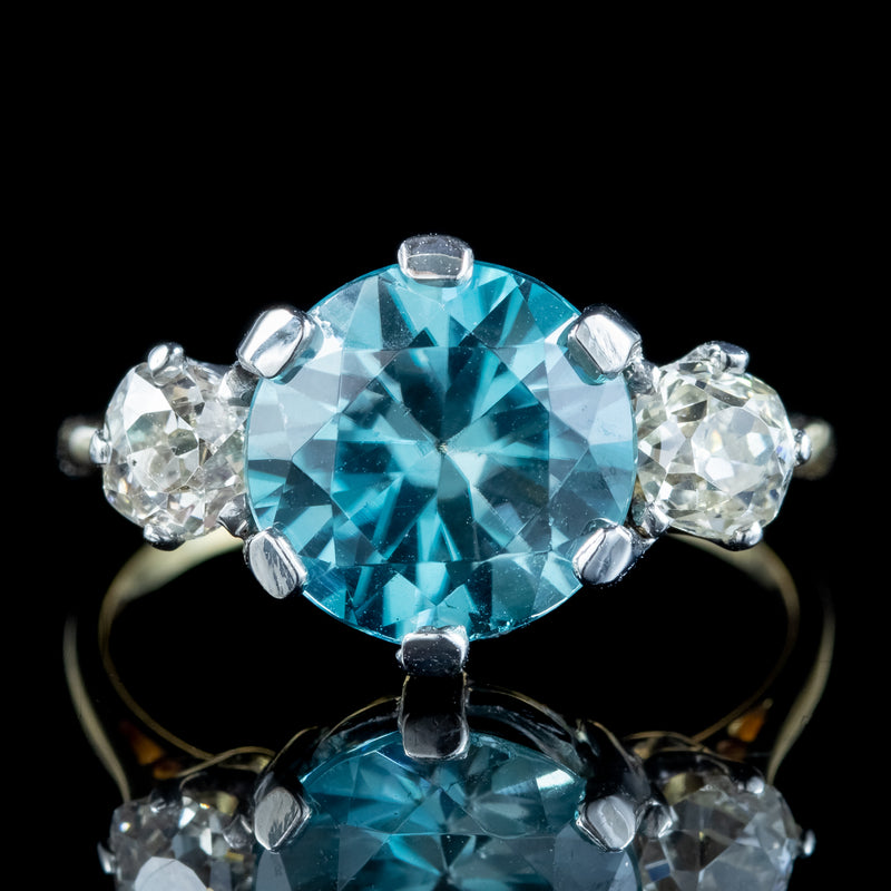 Antique Victorian Blue Zircon Diamond Trilogy Ring 3ct Zircon