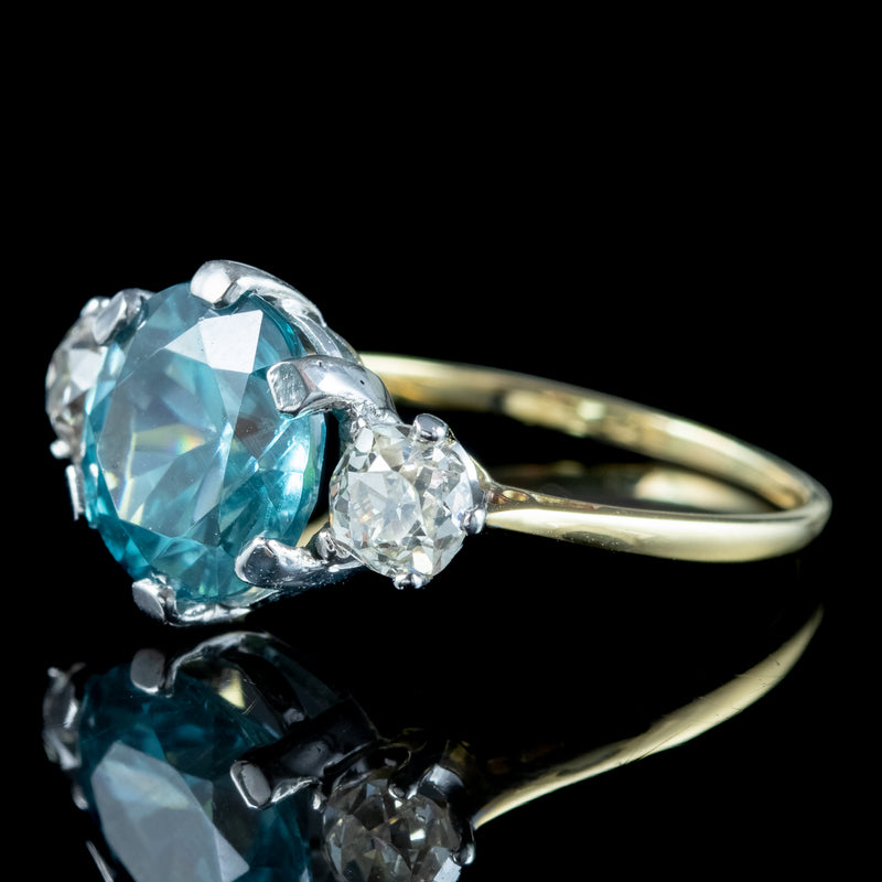 Antique Victorian Blue Zircon Diamond Trilogy Ring 3ct Zircon