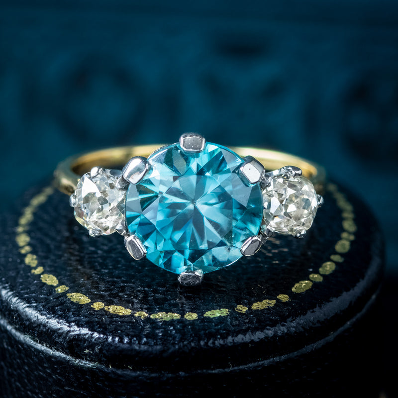 Antique Victorian Blue Zircon Diamond Trilogy Ring 3ct Zircon