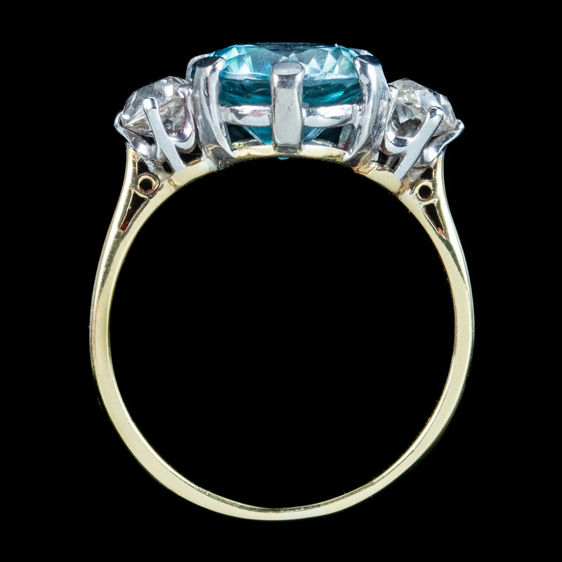 Antique Victorian Blue Zircon Diamond Trilogy Ring 3ct Zircon