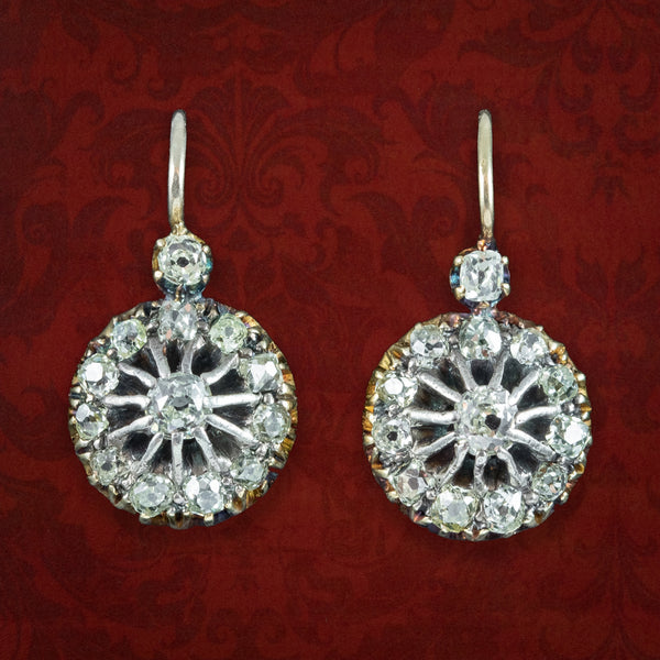 Antique Victorian Diamond Cluster Earrings Silver 15ct Gold 1.2ct Total