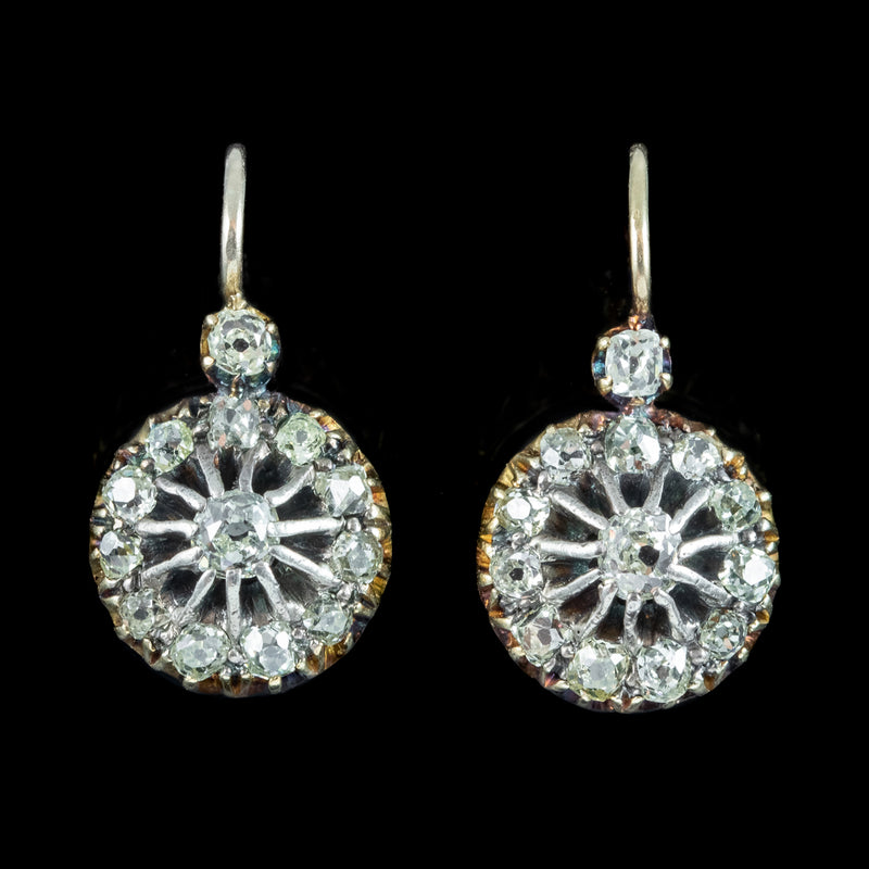 Antique Victorian Diamond Cluster Earrings Silver 15ct Gold 1.2ct Total