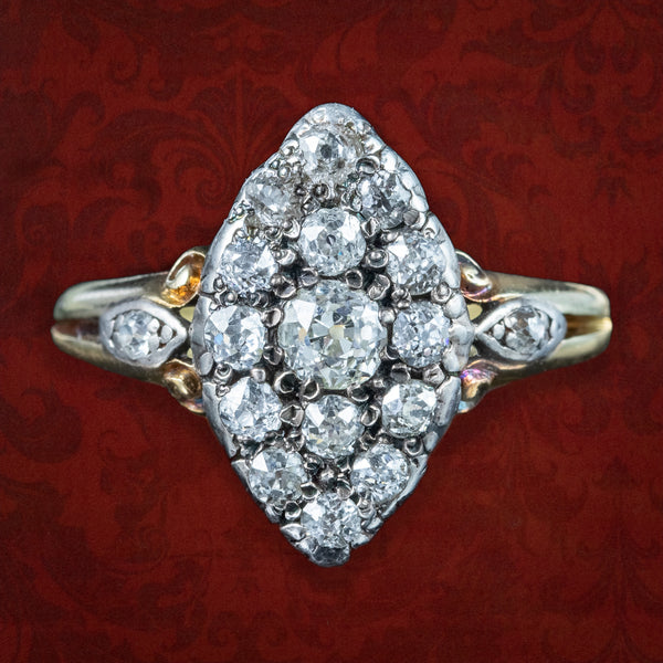 Antique Victorian Diamond Navette Cluster Ring 1ct Total