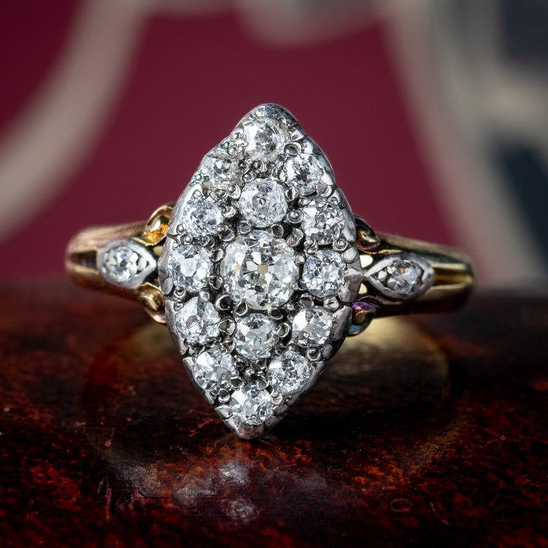 Antique Victorian Diamond Navette Cluster Ring 1ct Total