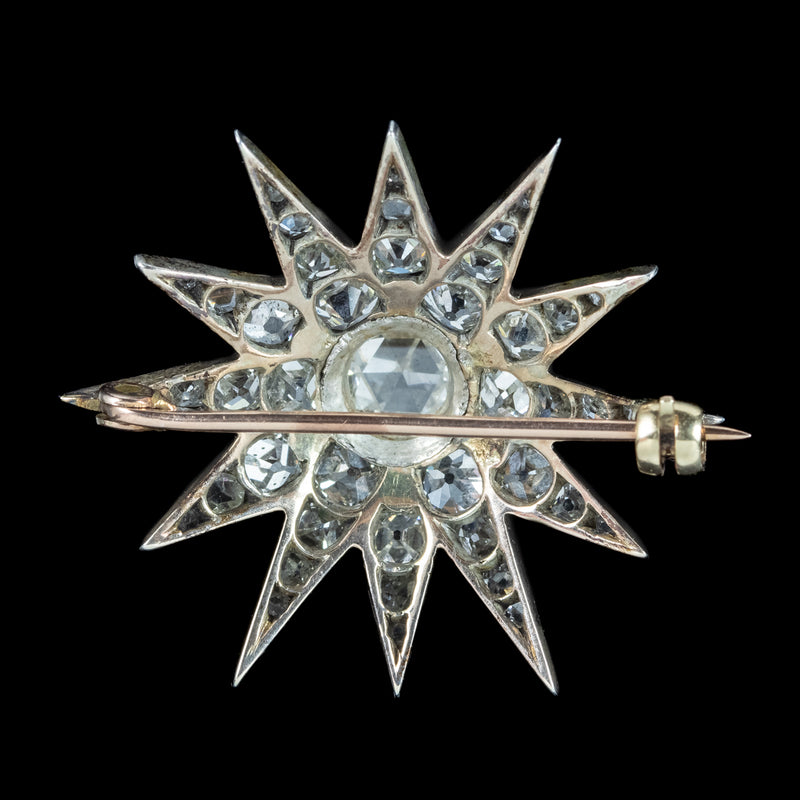 Antique Victorian Diamond Star Brooch Silver 15ct Gold 3ct Total