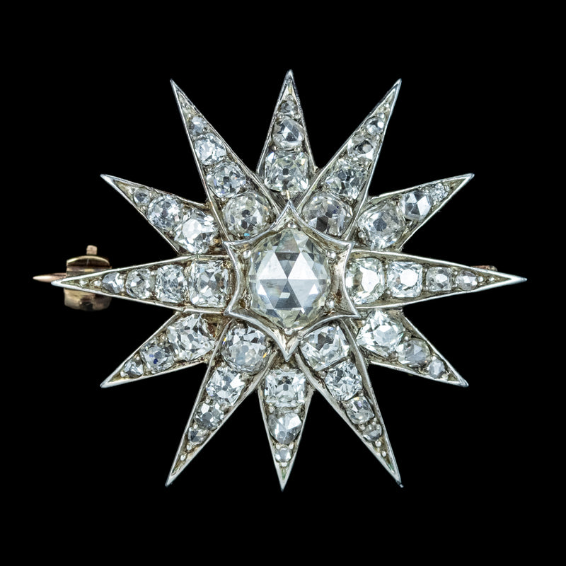 Antique Victorian Diamond Star Brooch Silver 15ct Gold 3ct Total