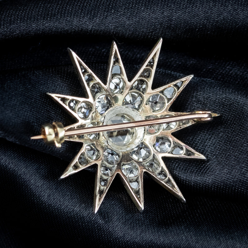 Antique Victorian Diamond Star Brooch Silver 15ct Gold 3ct Total