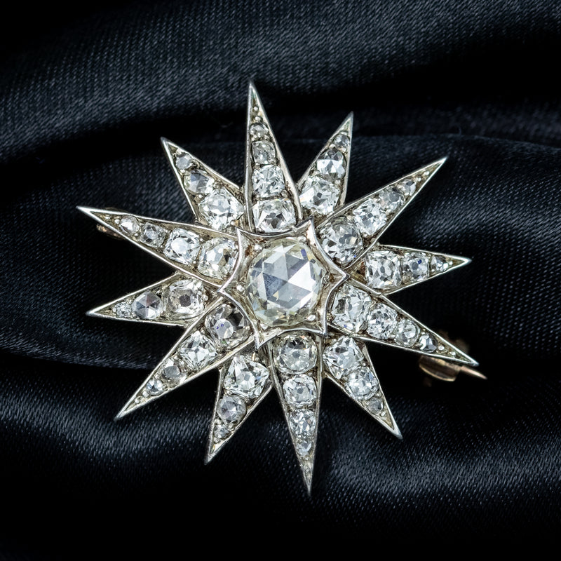 Antique Victorian Diamond Star Brooch Silver 15ct Gold 3ct Total