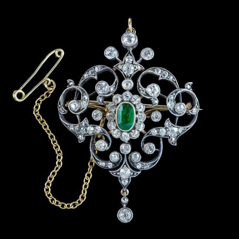 Antique Victorian Emerald Diamond Brooch Pendant 