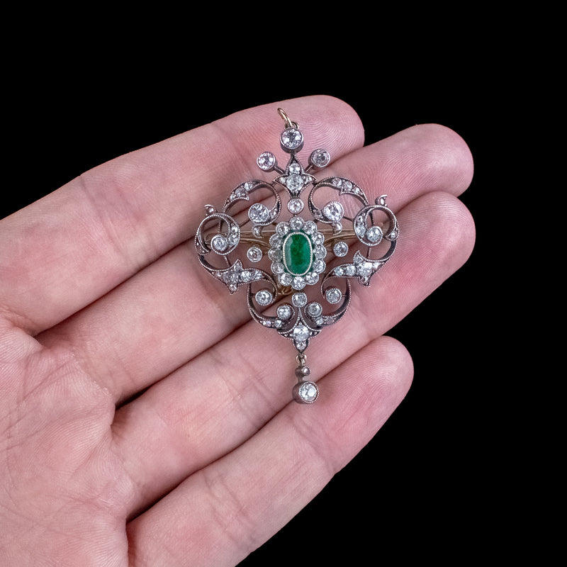 Antique Victorian Emerald Diamond Brooch Pendant 