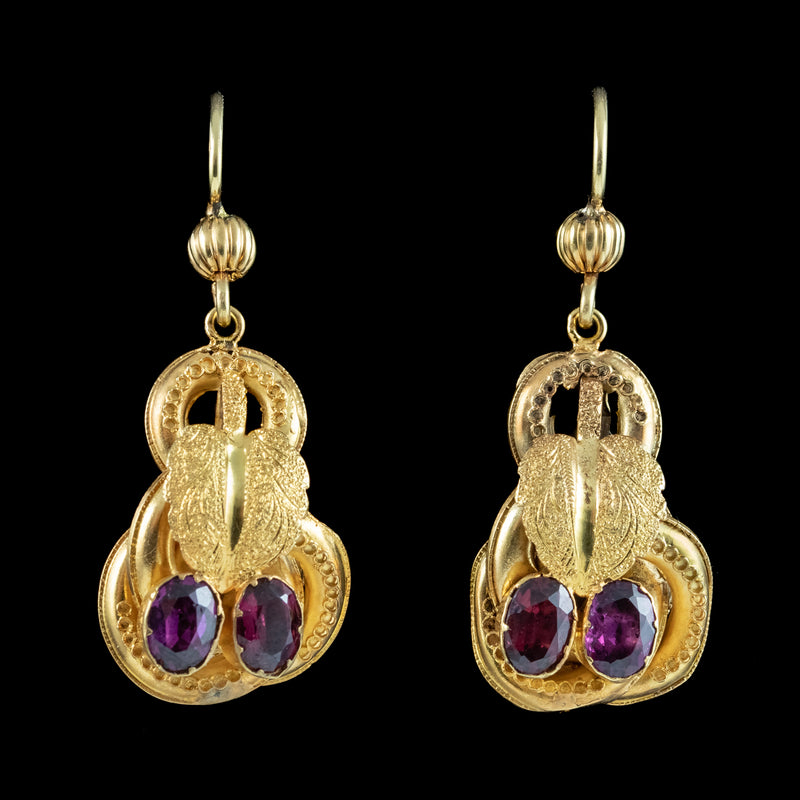 Antique Victorian Etruscan Garnet Drop Earrings 15ct Gold