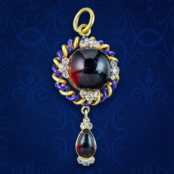 Antique Victorian Garnet Diamond Enamel Pendant 18ct Gold With Locket