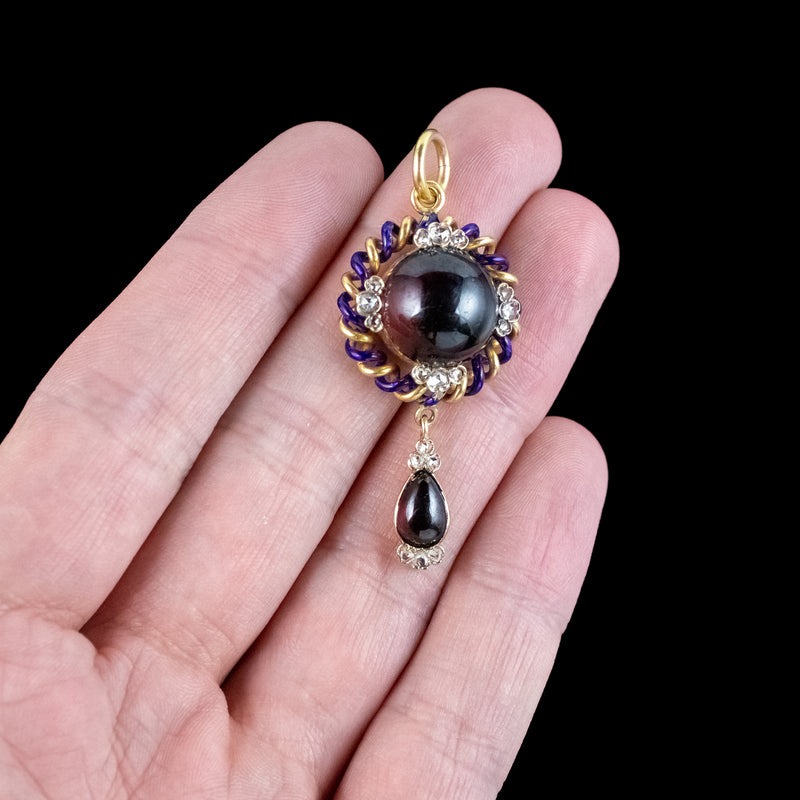 Antique Victorian Garnet Diamond Enamel Pendant 18ct Gold With Locket