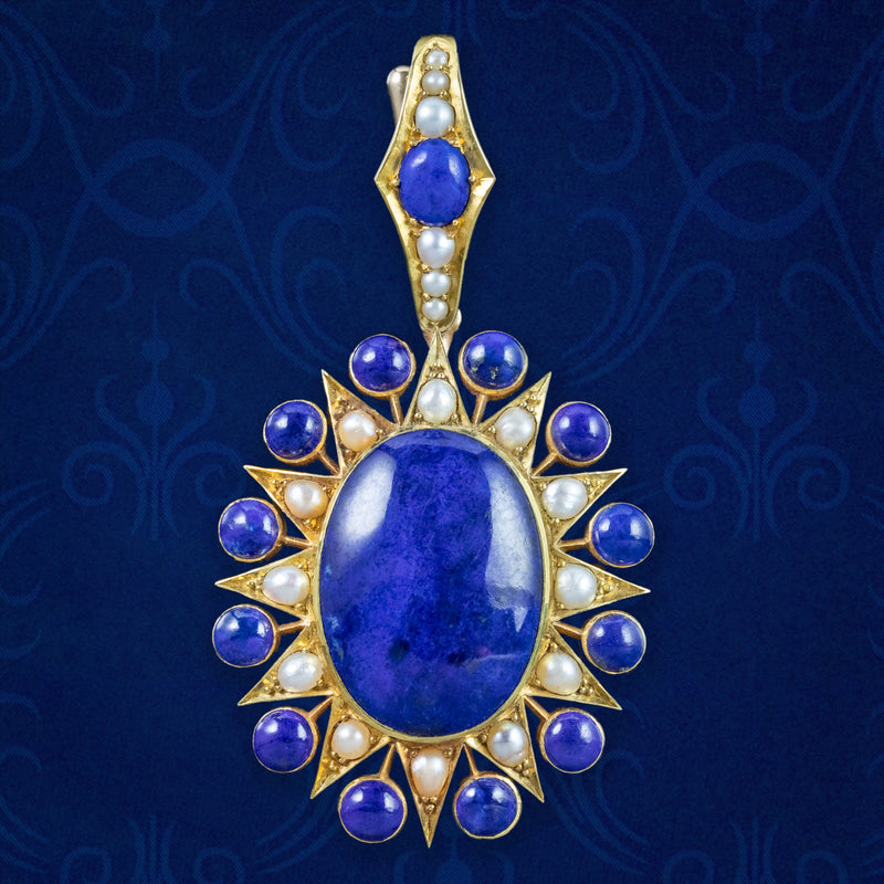 Antique Victorian Lapis Lazuli Pearl Star Pendant 18ct Gold