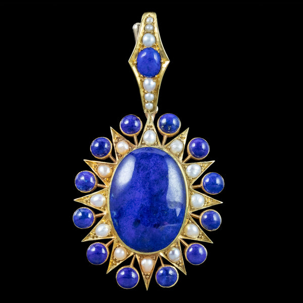 Antique Victorian Lapis Lazuli Pearl Star Pendant 18ct Gold