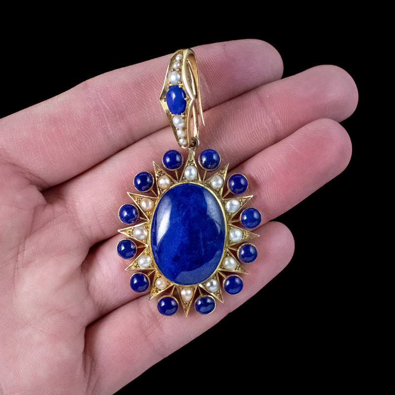 Antique Victorian Lapis Lazuli Pearl Star Pendant 18ct Gold