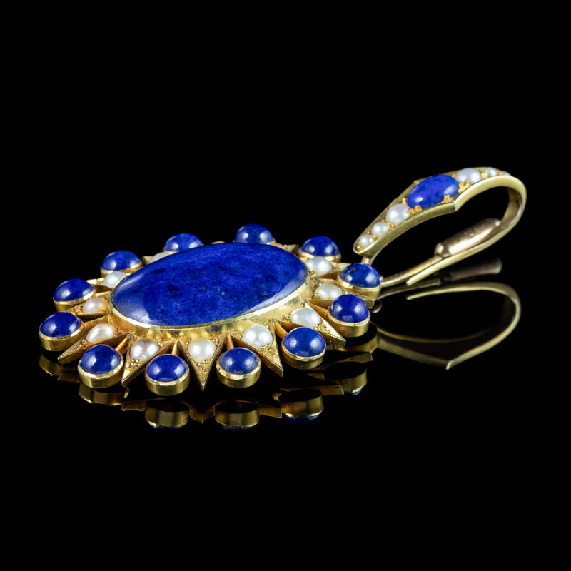 Antique Victorian Lapis Lazuli Pearl Star Pendant 18ct Gold