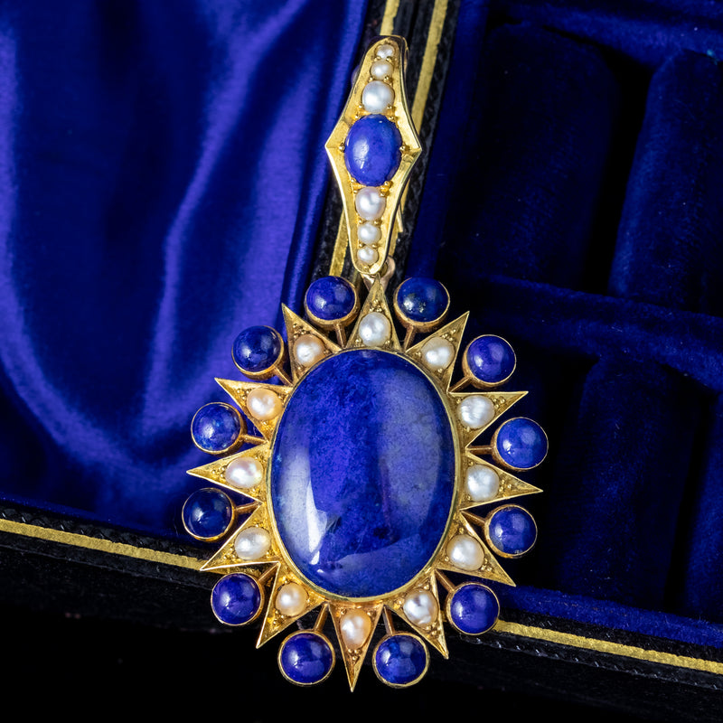 Antique Victorian Lapis Lazuli Pearl Star Pendant 18ct Gold