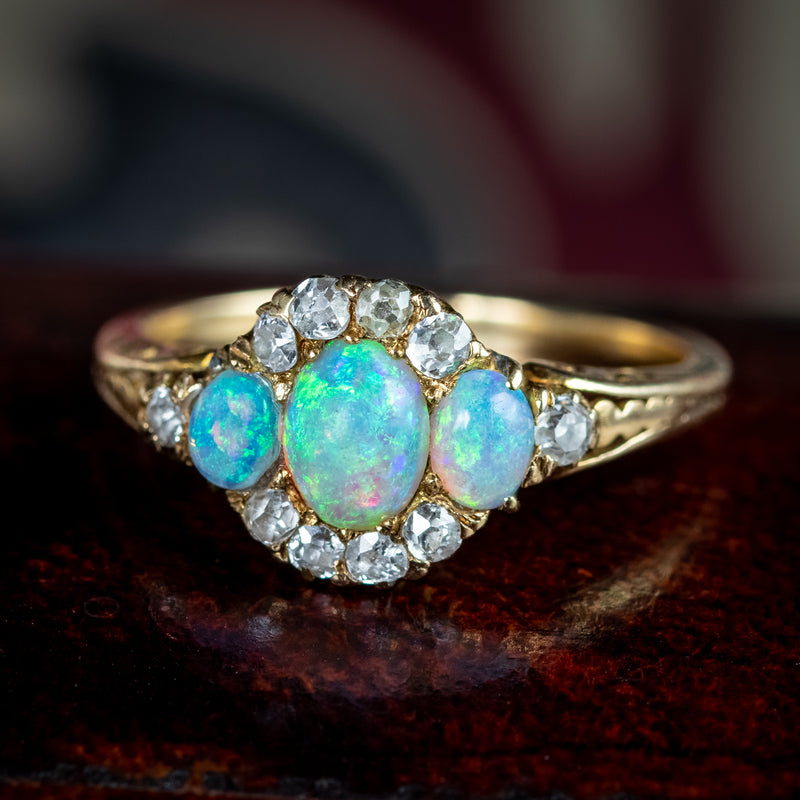 Antique Victorian Opal Diamond Cluster Ring 0.80ct Opal