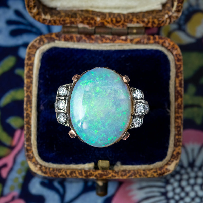 Antique Victorian Opal Diamond Ring 8ct Natural Opal