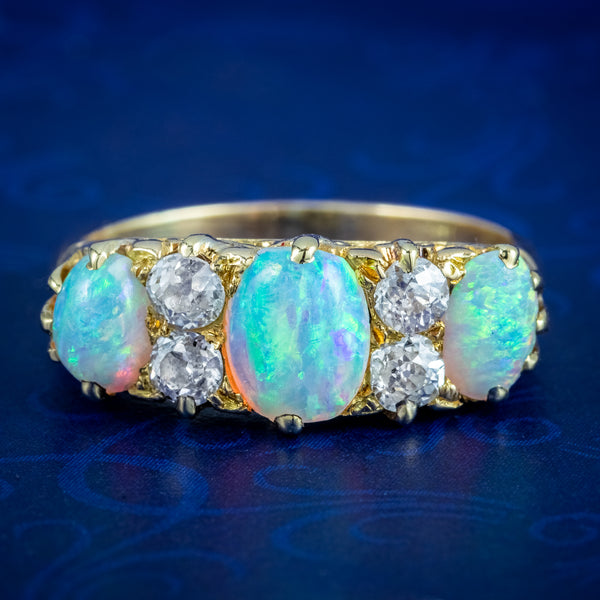 Antique Victorian Opal Diamond Ring 2ct Natural Opals