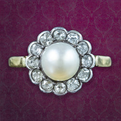 Antique Victorian French Pearl Diamond Daisy Cluster Ring 