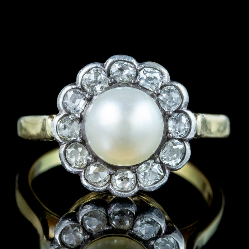 Antique Victorian French Pearl Diamond Daisy Cluster Ring 