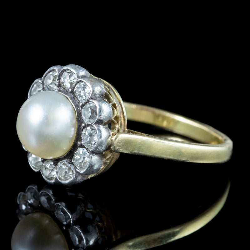 Antique Victorian French Pearl Diamond Daisy Cluster Ring 