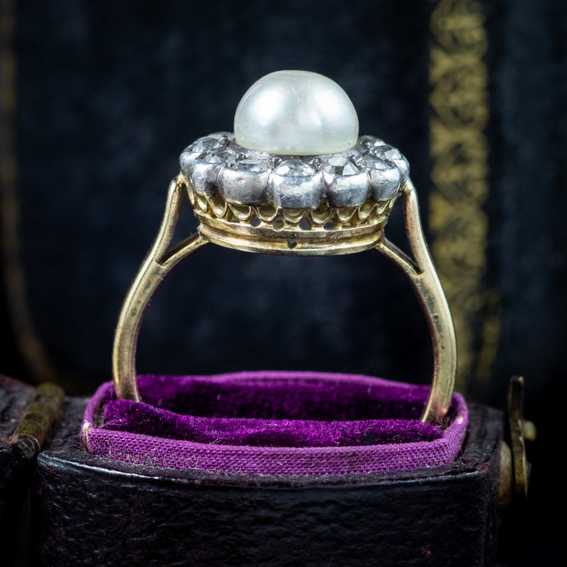 Antique Victorian French Pearl Diamond Daisy Cluster Ring 