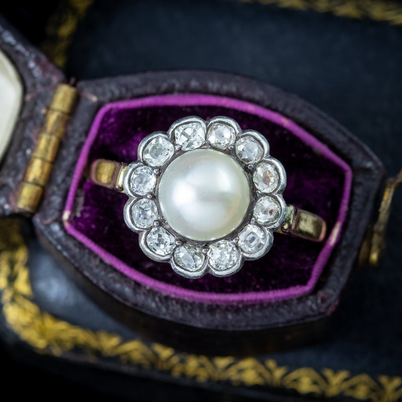 Antique Victorian French Pearl Diamond Daisy Cluster Ring 