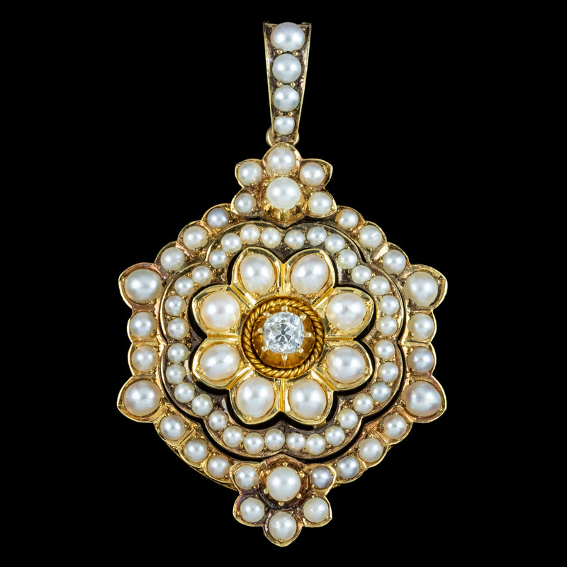 Antique Victorian Pearl Diamond Flower Pendant 18ct Gold 